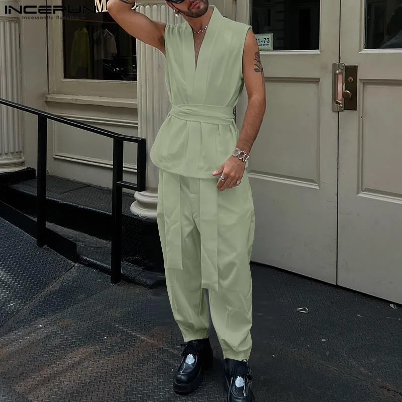 

2025 Men Sets Solid Color Sleeveless Lace Up Vests & Long Pants Two Pieces Sets Streetwear Fashion Men's Casual Suits INCERUN