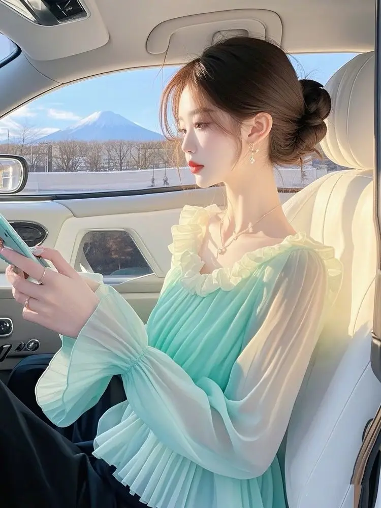 

French Design Blouses Flare Sleeve Pleated Ruffles Patchwork Tops 2025 Spring New Shirts Fashion Sweet All Match Women Clothing