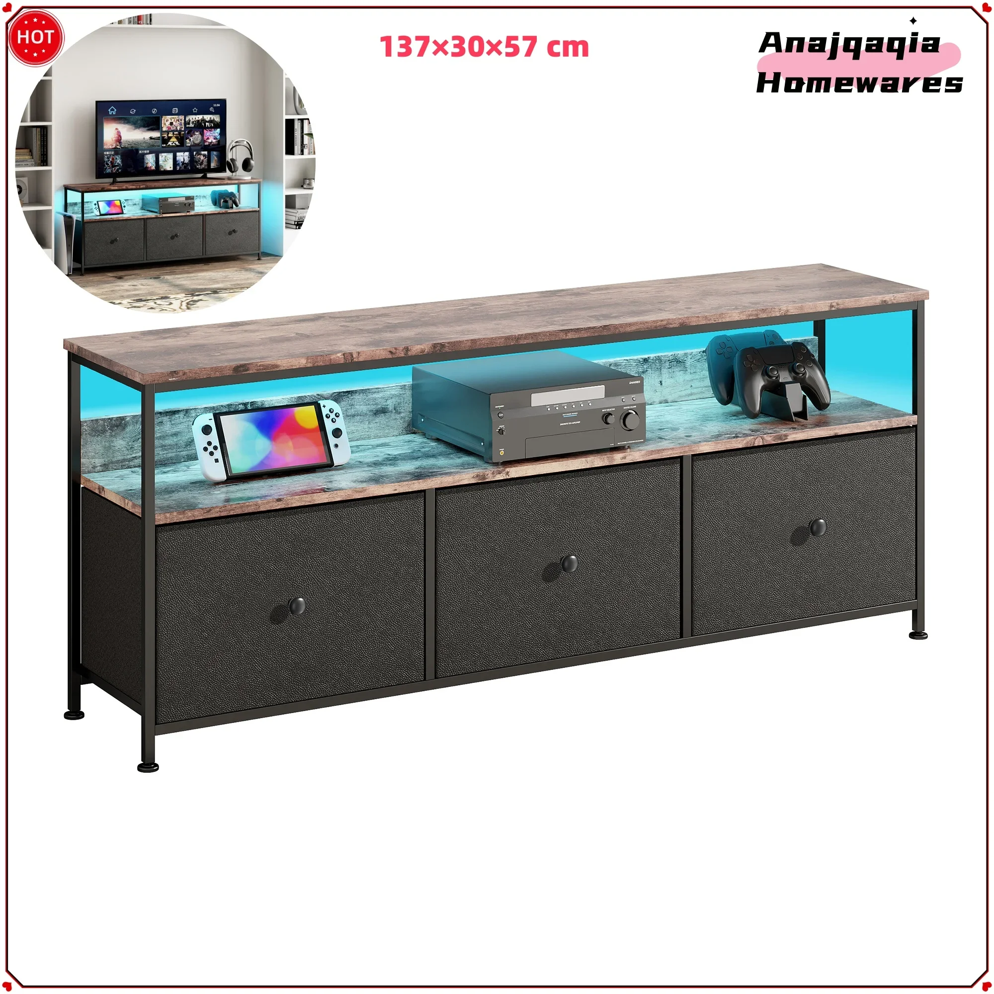 Anajqaqia Meuble TV, meuble TV LED à couleur changeante avec 3 tiroirs, table TV, avec espace de rangement ouvert pour salon, chambre à coucher