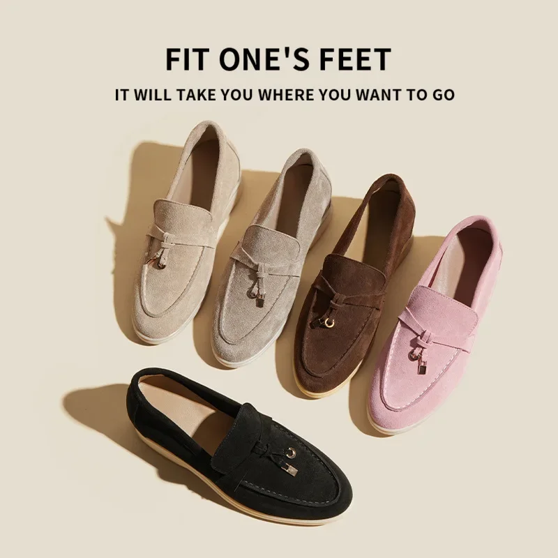 Nuevos mocasines LP de cuero para mujer, zapatos informales de fondo plano, calzado de ocio plano sin cordones a la moda para personas perezosas