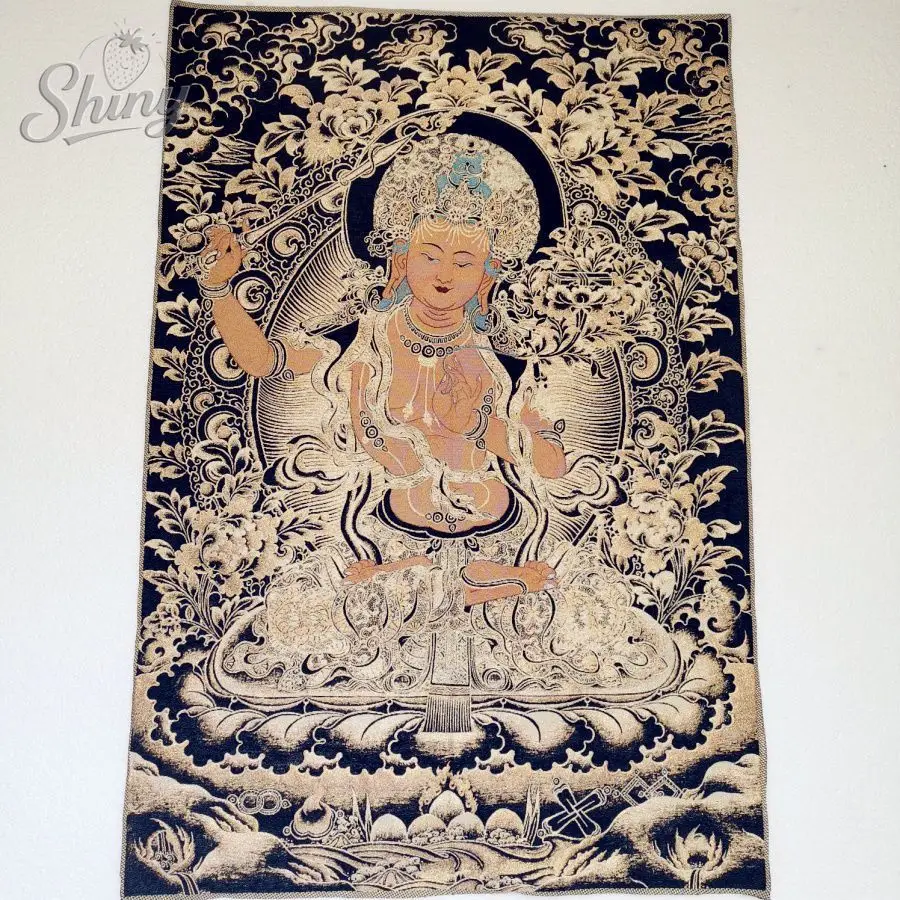 Black Gold Manjusri Bodhisattva Brocade Tibetan Tangka Embroidery Painting Gold Thread Embroidery Decorative Hanging Pictures