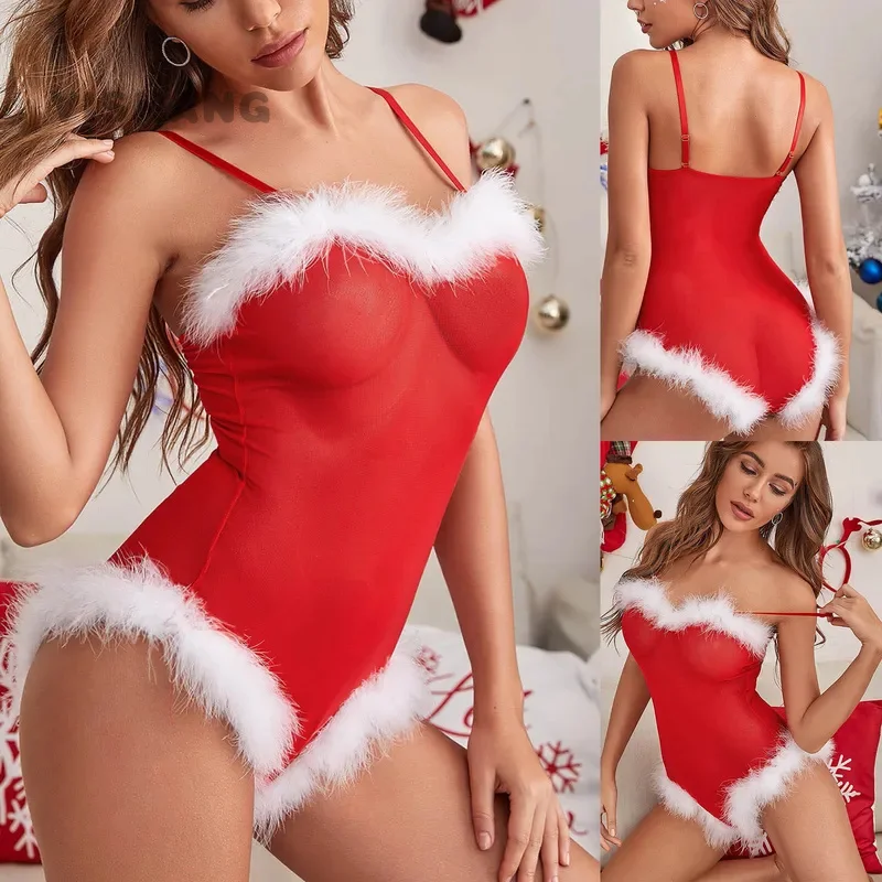 

Christmas Lingerie Sexy Hot Erotic Underwear Women Mini Transparent Nightdress Porno Cosplay Costumes Lace Babydoll Sleepwear
