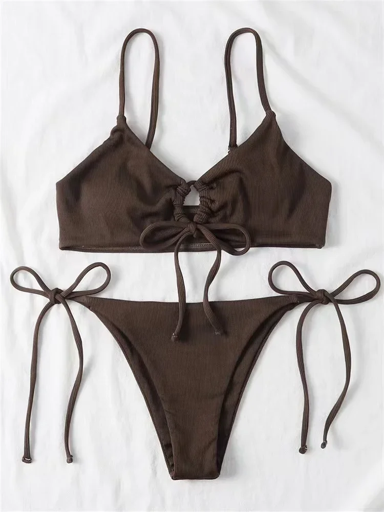 Bikini brasileño liso de cintura baja para mujer, traje de baño Sexy de dos piezas, ropa de playa, 2024