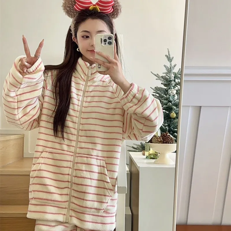 Winter Thickened Milk Coral Plush Premium Stripe High Neck Zipper Sport Wear Casual Home Fur Set Flannel Pajamas for Women