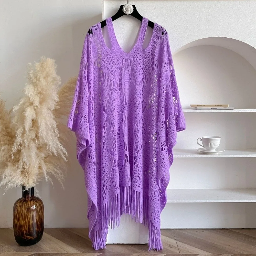 Simple Sun Protection Bohemian Shawl Plus Size Tassels Crochet Top Women Loose Beach Wear Summer Beach Cloak Lady