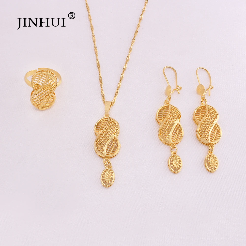 Ethiopian gold plated jewelry african dubai bride wedding luxury gifts necklace Pendant earrings ring jewelry sets for women