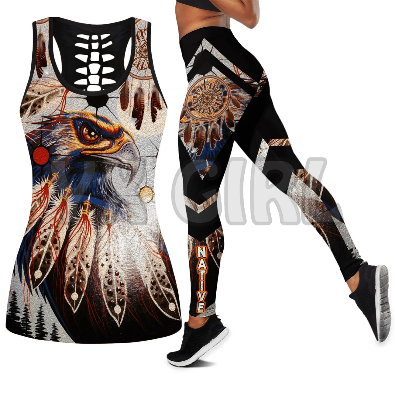 

Beadwork Art In Eagle Design Native 3D Printed Tank Top+Legging Combo Outfit Yoga Fitness Legging Women