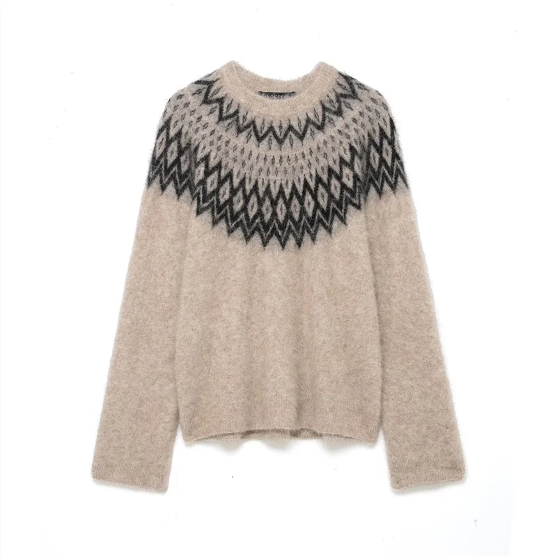

Women's Top 2025 Winter New Khaki Jacquard Long-Sleeve Crew Neck Fair Isle Warm Knit Top Casual Fashion Versatile Style