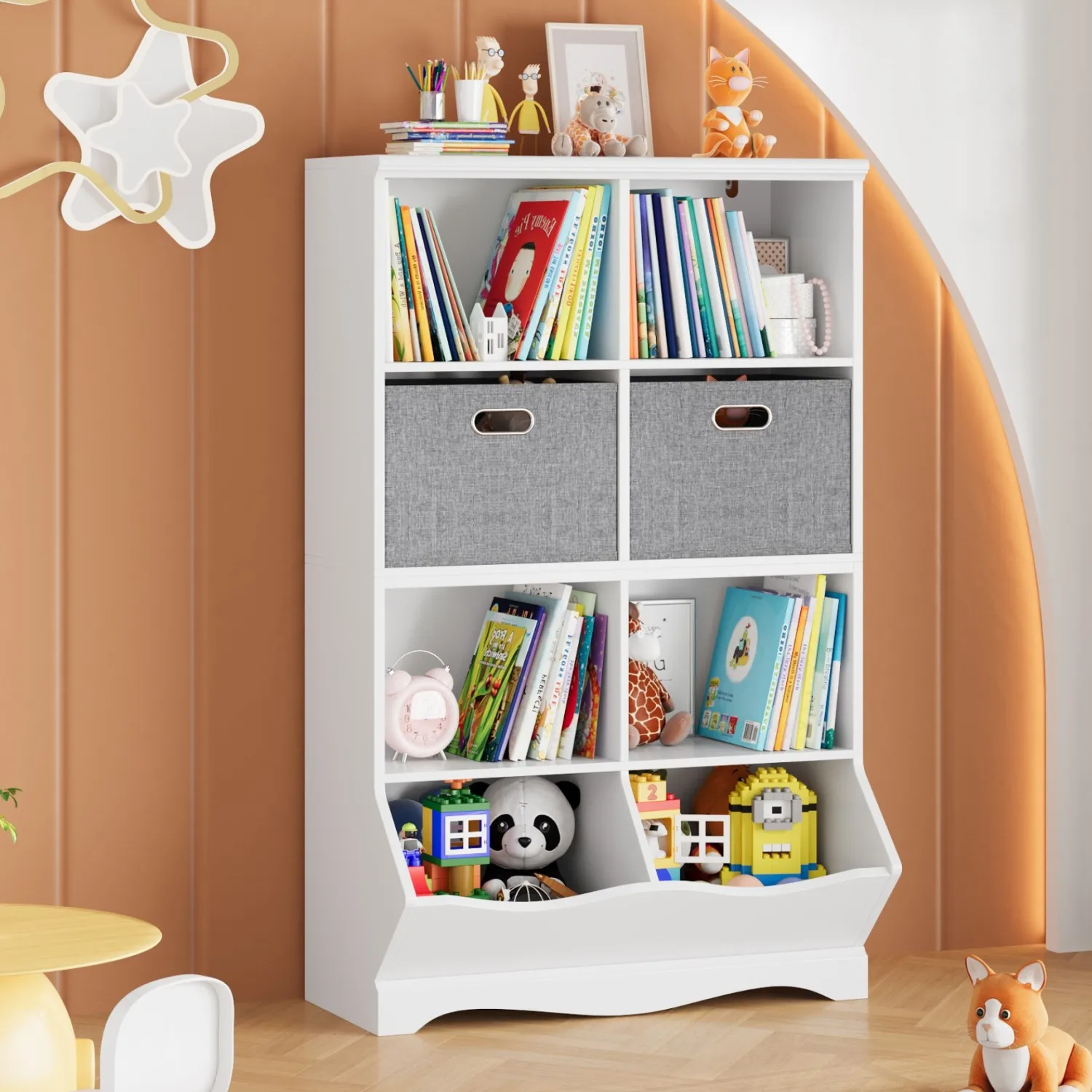 Prateleira infantil, estante infantil com 8 compartimentos de armazenamento e 2 gavetas de pano, prateleira para brinquedos, quarto infantil para quarto de jardim de infância