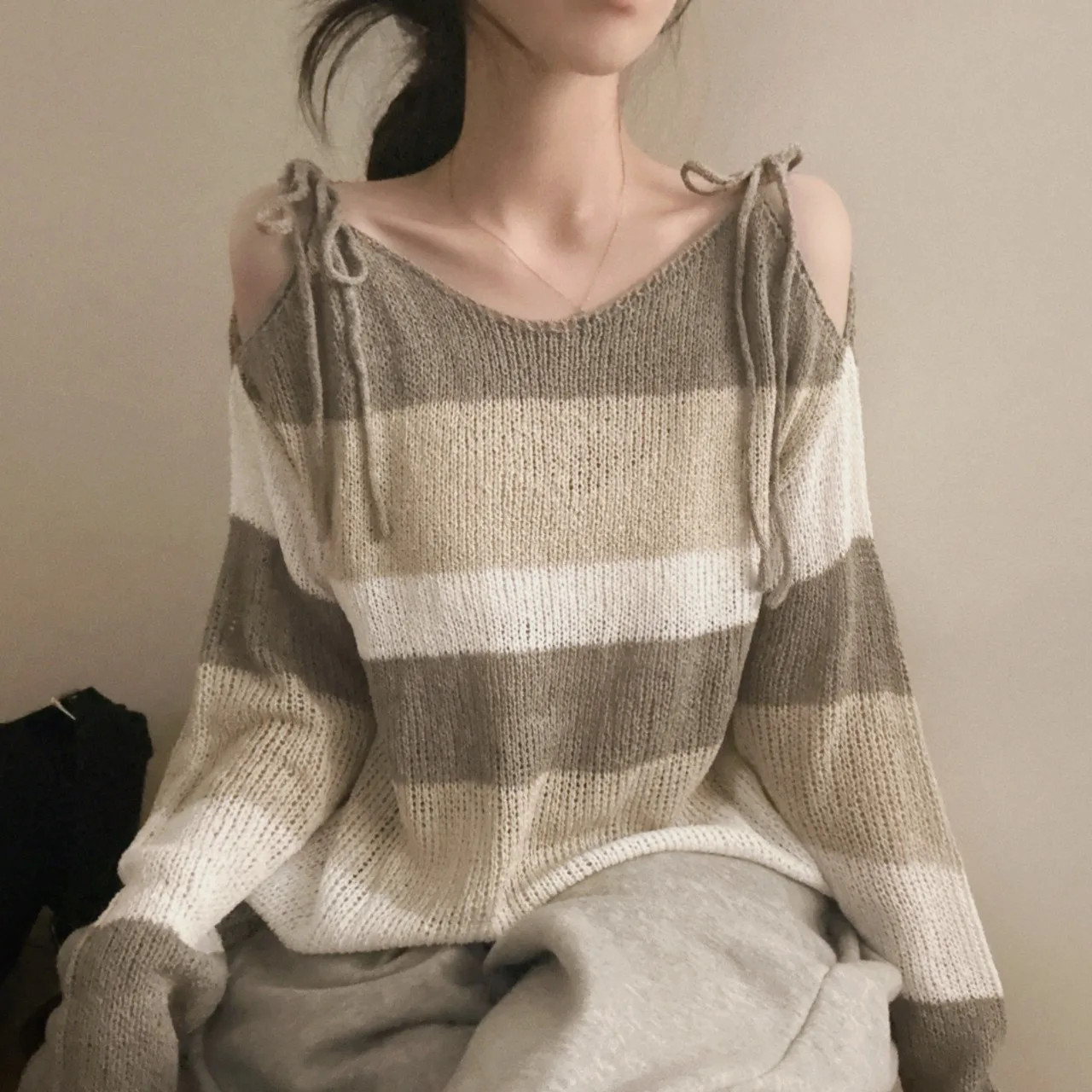 

Chic Spring Summer Knot Tie Shoulder Stripe Knitted Top Sexy Thin Cover up Loose Fit Korean Style Long Sleeve
