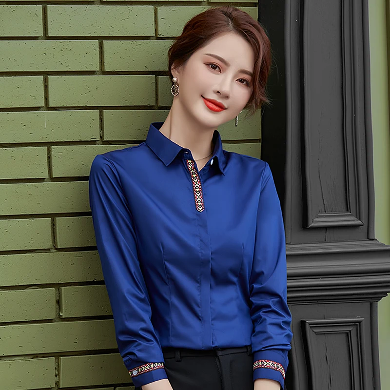 Blue Shirt Women New Spring Fashion Temperament Formal Long Sleeve Slim Blouses Office Ladies Work Tops White