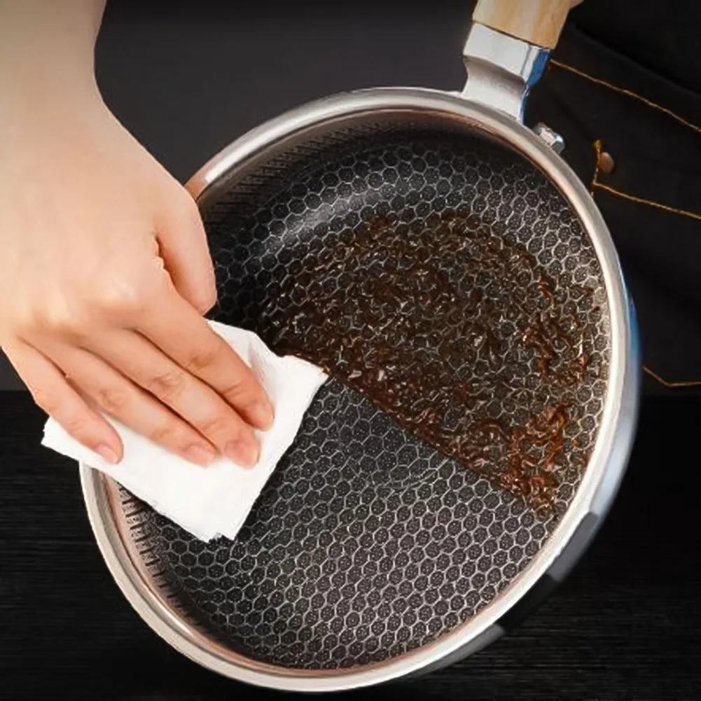 316 Stainless Steel Frying Pan 40.5x22x4.5cm with Even Heat Distribution and Wooden Handle for Induction Gas Stoves