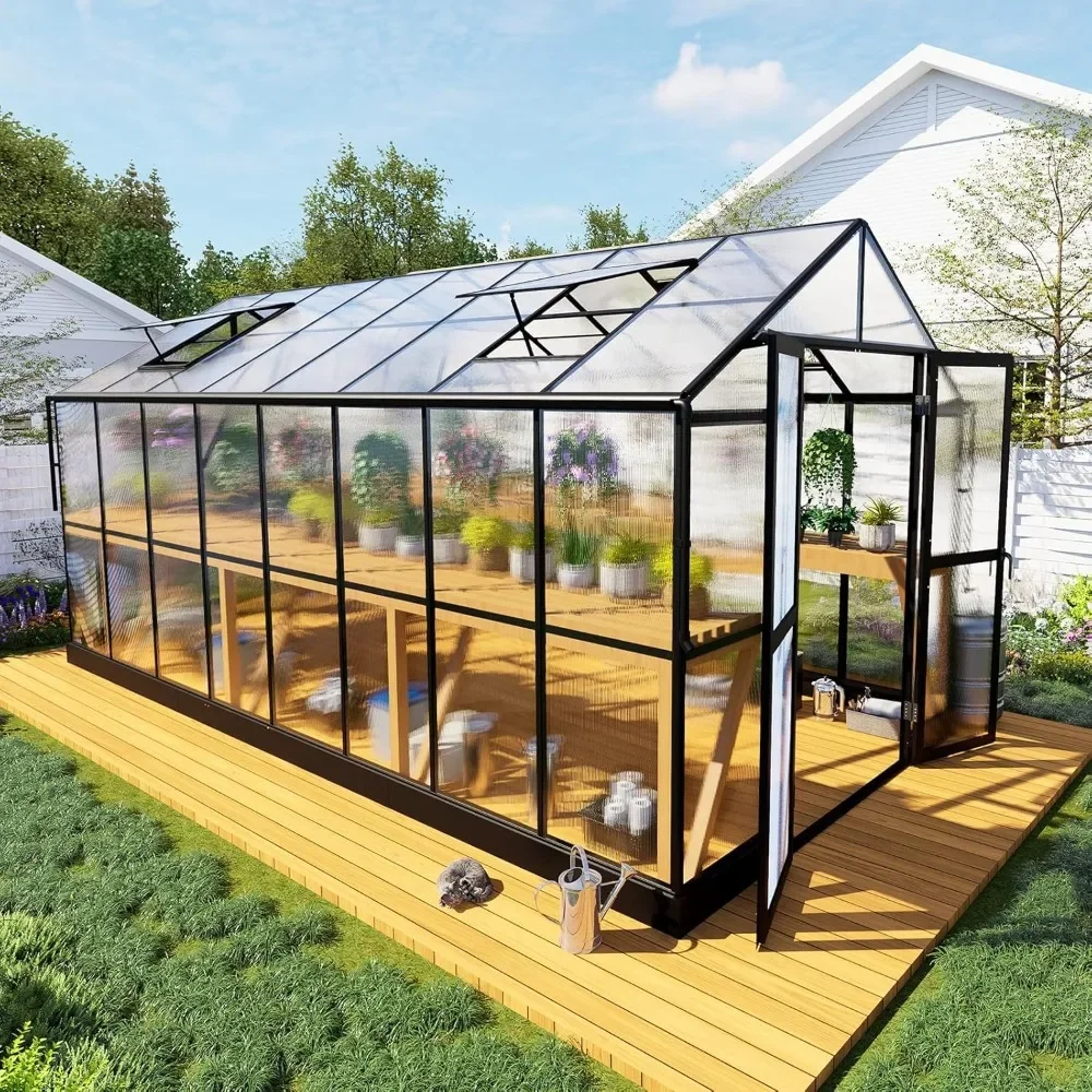 

Polycarbonate Greenhouse Double with Swing Doors 4 Vents 5.2FT Added Wall Height,Walk-in Large Aluminum Greenhouse