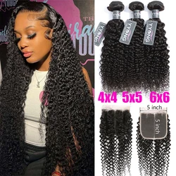4x4 5x5 6x6 Transparent Lace Closure With Kinky Curly Bundles Brazilian 100% Human Hair Deep Curly Wave 3/4 Bundles With Closure