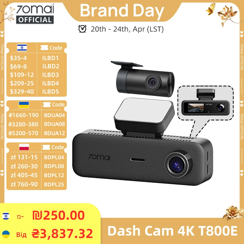 70mai T800E 3-Channel Front 4K + Rear 1080P + Interior 1080P HDR  Supercapacitor GPS WiFi 6 70mai T800E Dash Cam Voice Control