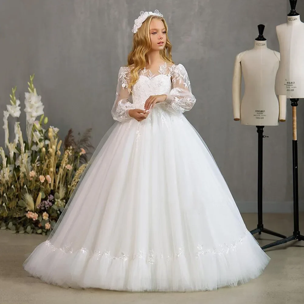 Abiti da ragazza di fiore per bambini con abito da ballo bianco personalizzato Abiti da festa di compleanno per bambini con applicazioni in tulle