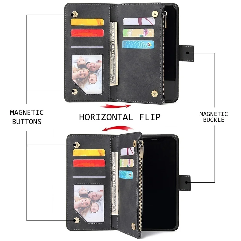 Funda tipo cartera de cuero premium con cremallera y ranuras para tarjetas para iPhone 16, 15, 14, 13, 12, 11, 17 Pro Max, Plus, 17 Air, 16e 5