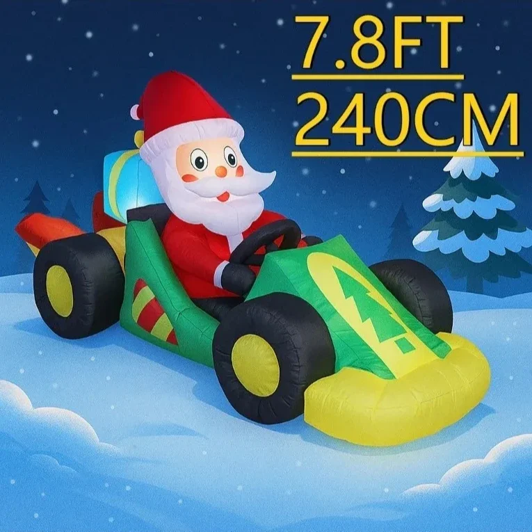 7.8FT هدايا عيد الميلاد لوازم الألعاب زينة عيد الميلاد نفخ سانتا القيادة سباق السيارات LED مضاءة ساحة ديكور احتفالي زخرفة المنزل