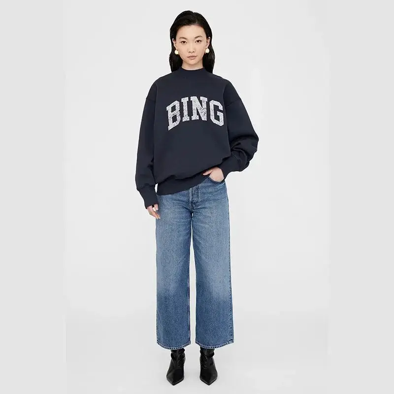 New Arrival Women\'s Loose Hoodie with Classic BING Printed Letters, Warm Fleece Lining and High Neck for 24 Winter