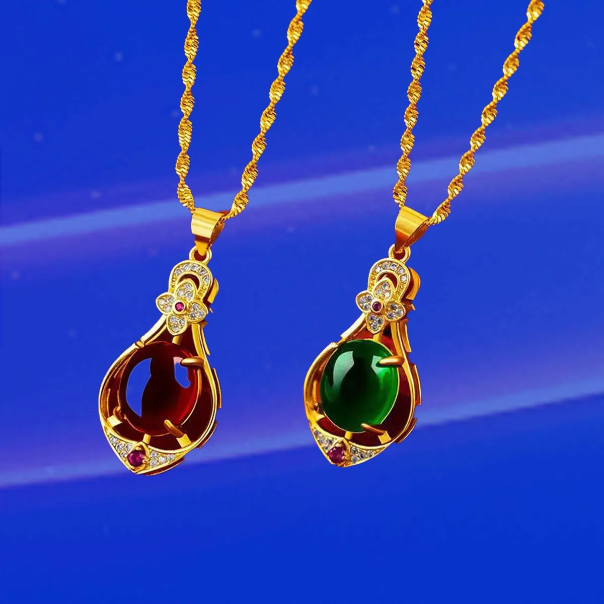 Water Drop Red Crystal Pendant Necklace Women 24K Real Gold Plated 45cm Woolen Chain Four-leaf Clover Ruby Pendant Women Gift