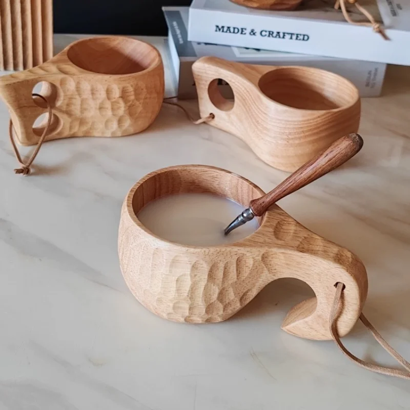 Japanese  Solid Wood with Handle  Mug, Camping Accessories, Outdoor Milk, Coffee Cup, Tea Cup, Handmade with Hanging Rope