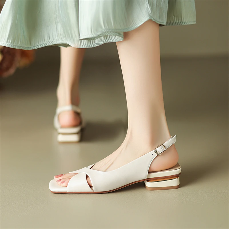 Meotina Women Genuine Leather Sandals Square Toe Thick Low Heels Buckle Ladies Fashion Casual Shoes Summer Gold Silver Beige 40