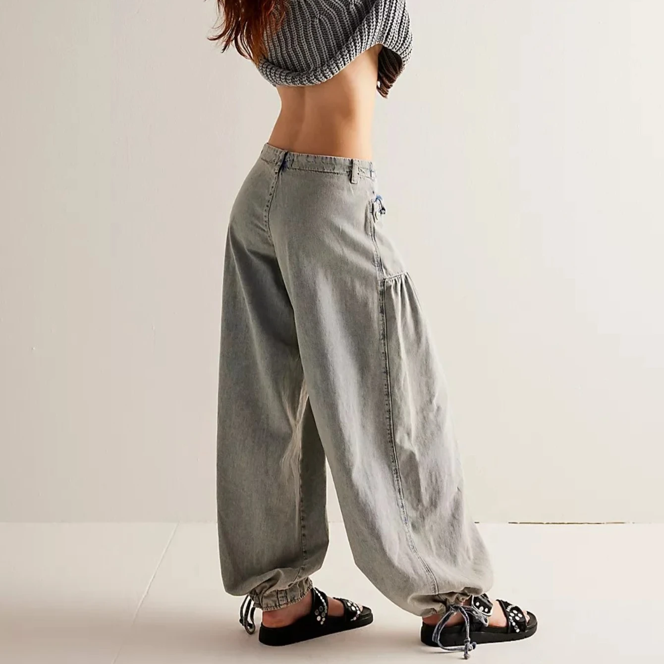 กระเป๋าขากว้างจีบกางเกงยีนส์ผู้หญิงสบายๆผ้าฝ้าย DENIM หลวม Boho Beach กางเกงผู้หญิงความยาวเต็มกางเกงฤดูใบไม้ผลิฤดูร้อน