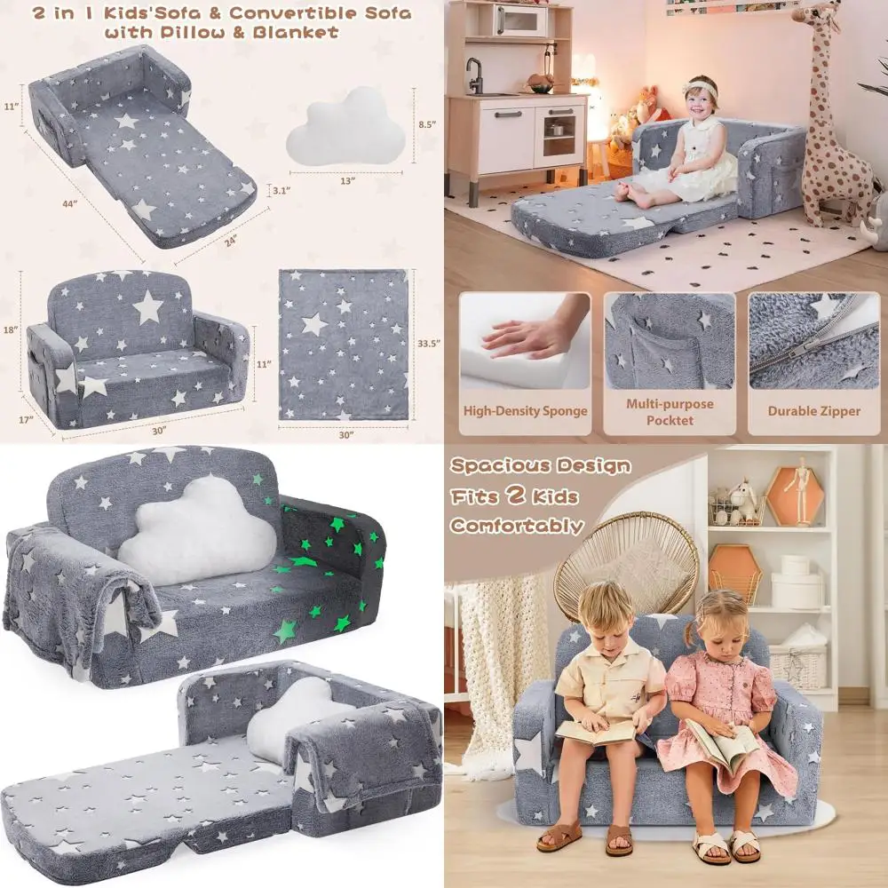 Wide Comfort Kids Sofa, 2-Way Cozy Couch with Glowing Stars, Cloud Pillow, Convertible Seat