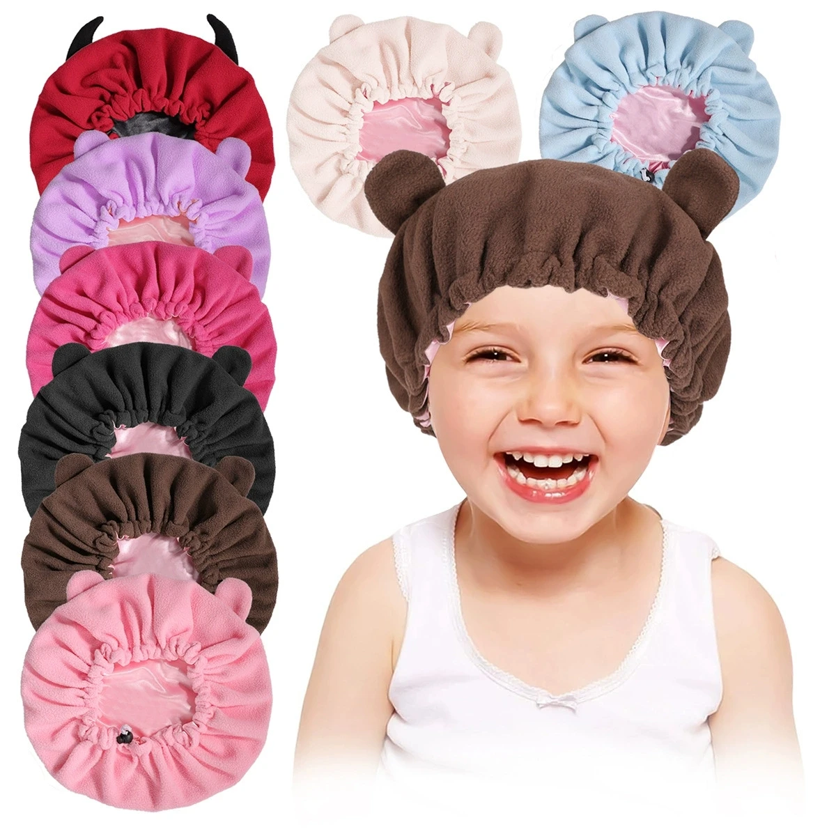 

Satin Bonnet Velvet Hair Cap Children Bear Ear Baby Girls Silk Bonnet Double Layer Warm Bonnet Cap Winter Kids Night Sleep Hat