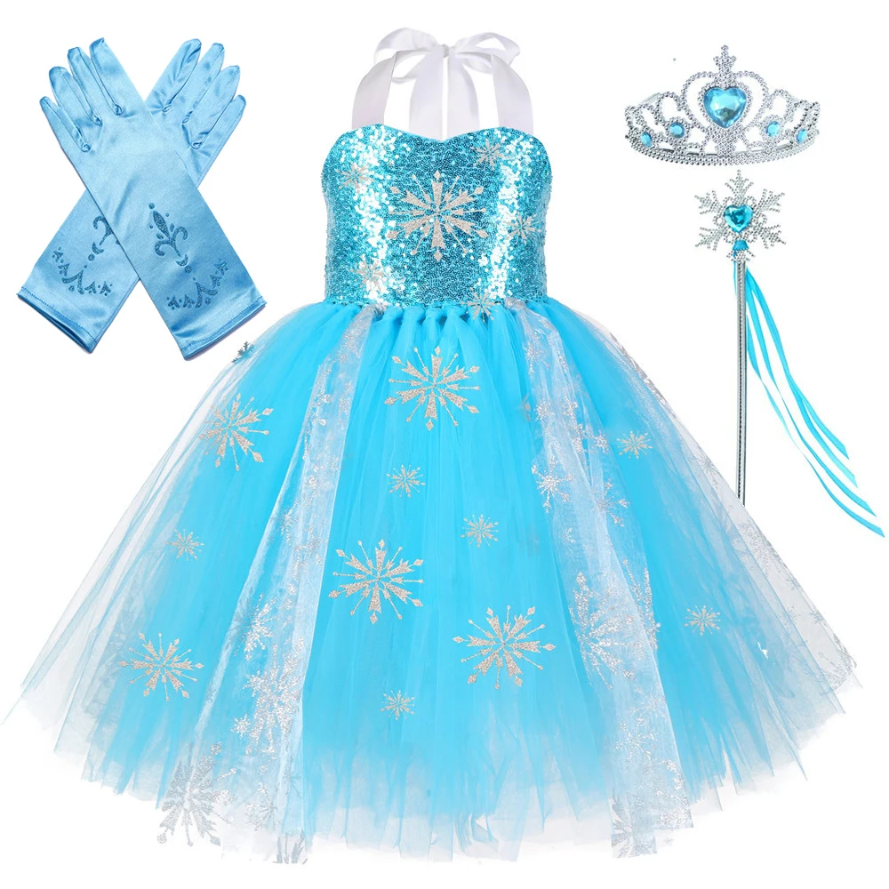 

Sparkly Elsa Princess Dresses Girls Sequins Snow Queen Xmas Costumes Kids Snowflake Christmas Long Tutus Outfit with Crown Stick