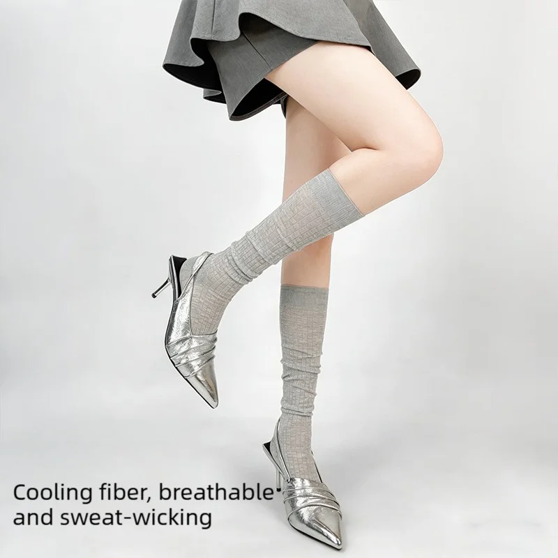 Breathable Vertical Stripe Knee High Socks For Women Spring Summer Thin Ice Silk Ballet Style Slim Compression Mid Calf Socks Fo