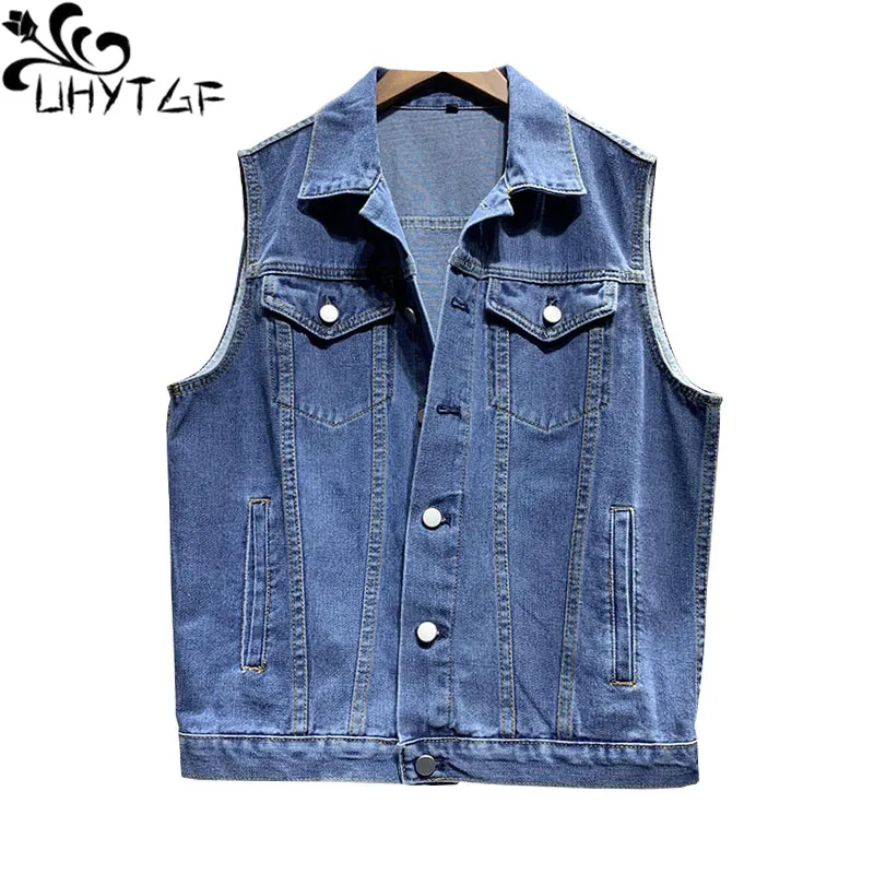 

UHYTGF 8XL Oversized jeans vest for women Fashion hole sleeveless spring autumn vests waistcoat solid color Wild Denim coats 491