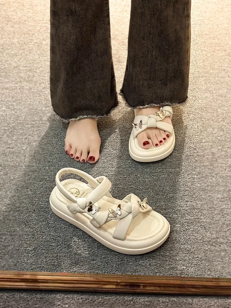 Zapatos cómodos de cuña para mujer, sandalias de lujo con plataforma, traje que combina con todo, color Beige, 2023