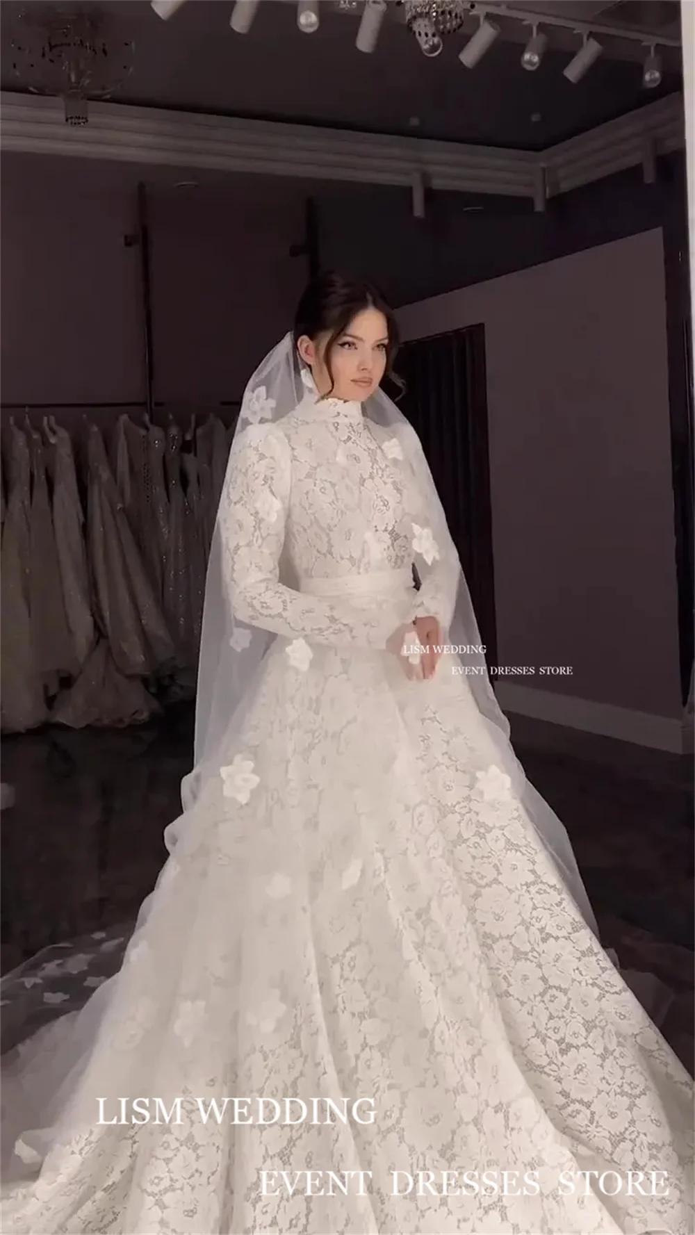 LISM-Vestidos de Novia de encaje Vintage, vestidos de novia de manga larga con cuello alto, línea A, largo hasta el suelo, hechos a medida, 2024