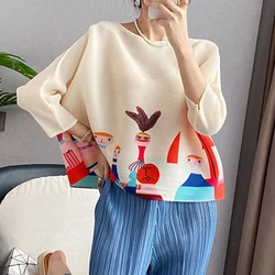 Summer New Round Neck Three Quarter T-Shirts Women High Street Casual Loose Y2K Printing Pullovers Elegant Pleated All-match Top