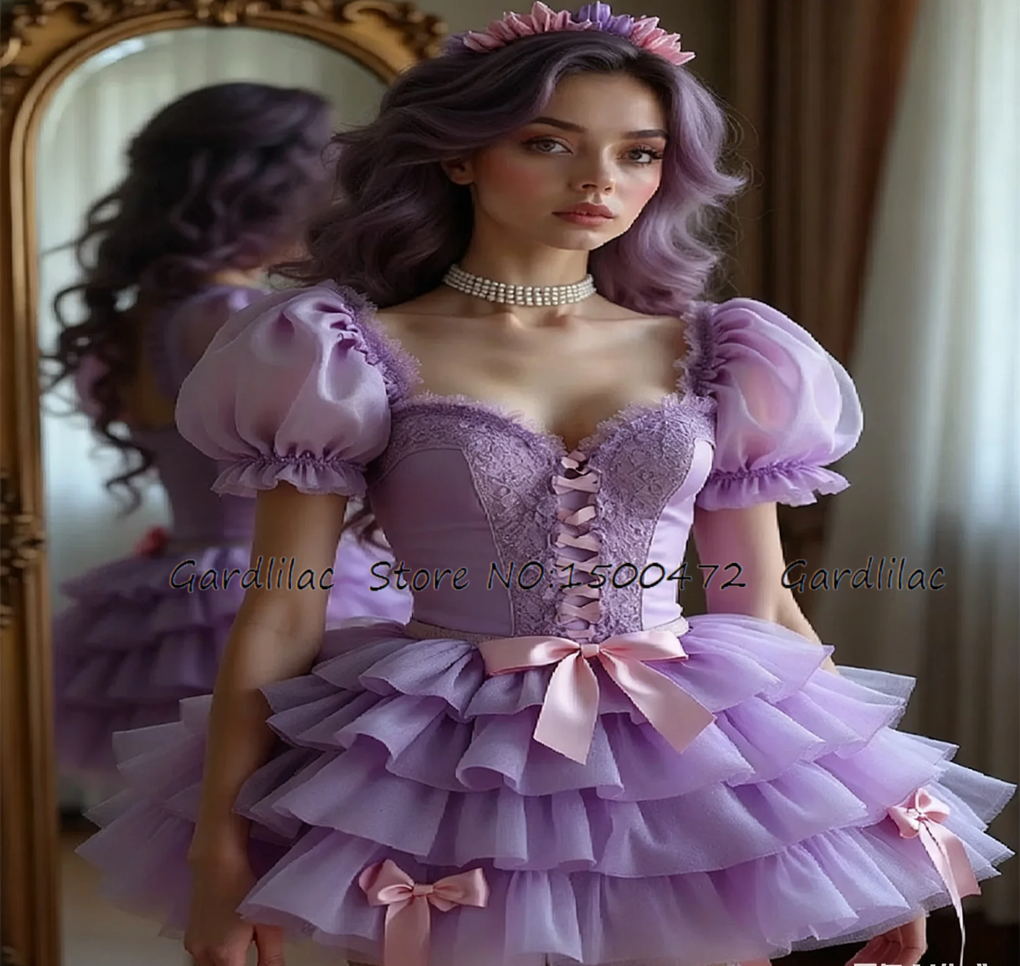 

Sweetheart Prom Dress With Bow Lace Short Mini Cocktail Dress Puffy Tiered Homecoming Dress