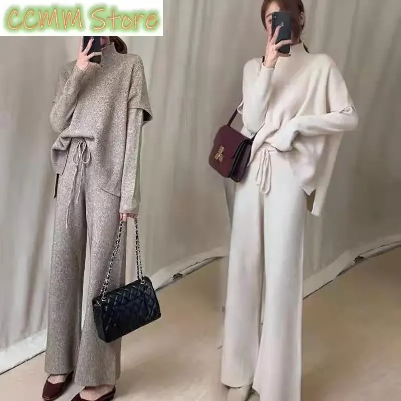 New Wool Blend Suit Women'sAutumn and Winter Two-Piece Suit Knitted Wide-LegPants Half CollarTop Vest Outer WearThree-Piece Suit