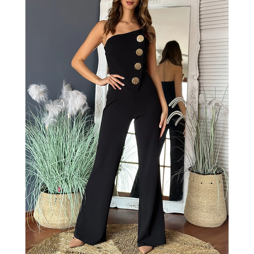 Elegant Asymmetrical Bandeau Strapless Metal Button Decor Jumpsuits for Women Casual Overalls