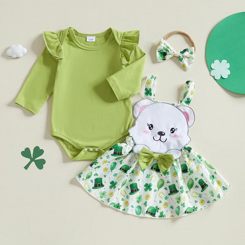 Stylish Baby Girl Irish Clothing Set with Shamrock Print Romper Overalls Dress and Matching Headband - 3 Piece Ensemble