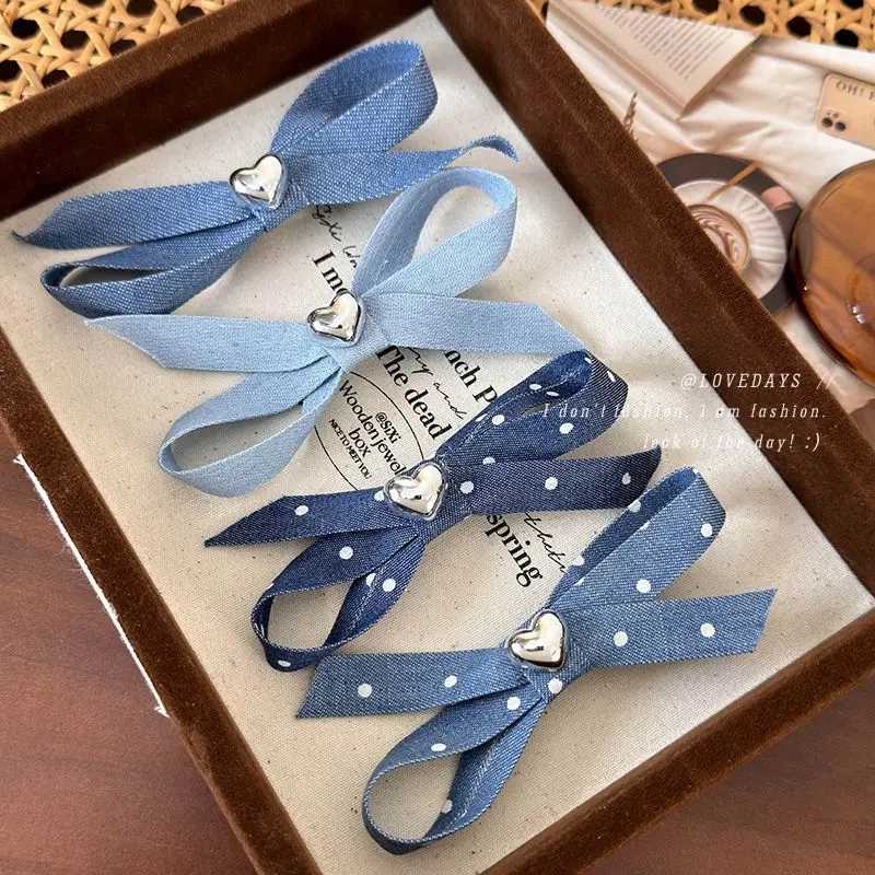 Vintage Denim Pearl Hair Bands Exquisite Bilayer Simple Design Headband Bowknot Denim Blue Hair Clips Hair Accessories for Women