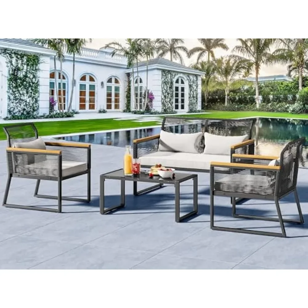 

4pcs Patio Furniture Set, Including Wicker Loveseat Set with Wooden Armrest and Glass Side Table for Poolside, Deck and Garden