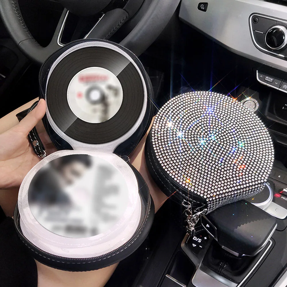 1x Portable Rhinestone Car Album CD Zipper Case Bag DVD Bag Round Car Disc Storage Organizer Bag Car Bling Accessories