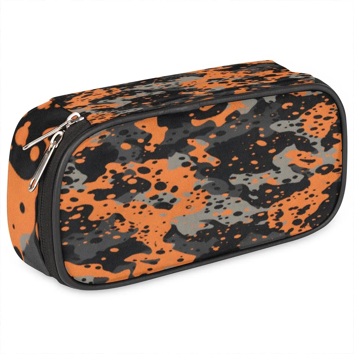 Estuche para lápices de cuero negro y naranja camuflado, soporte para bolígrafos, organizador de papelería de gran capacidad, bolsa para lápices para niños y niñas, militar