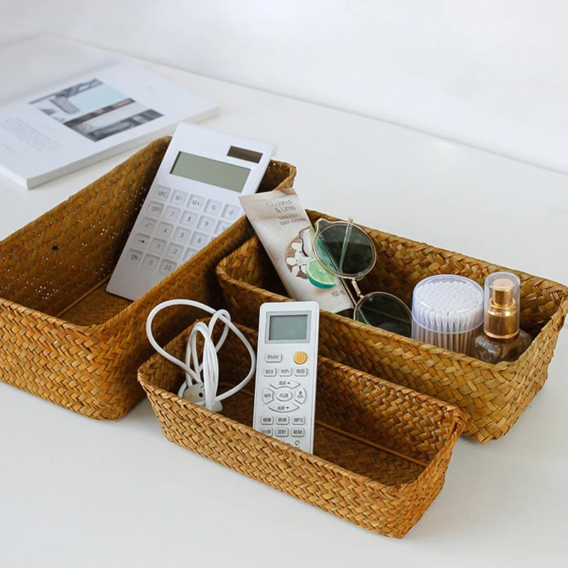 Woven Seagrass Storage Baskets Straw Rattan Basket Wicker Storage Box Fruit Sundries Organizer Closet Storage Container 라탄바구니