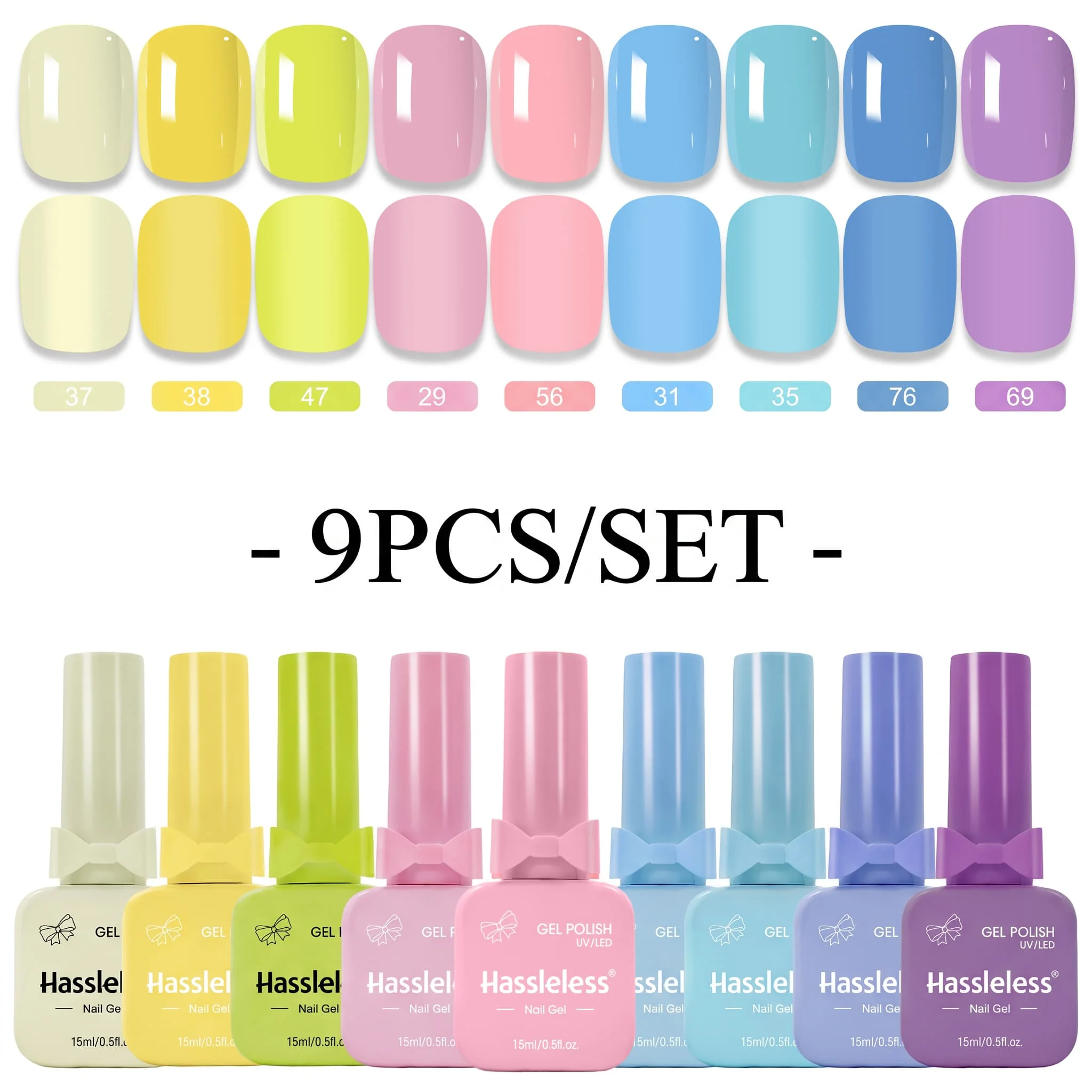 Hassleless 9-Piece Macaron Candy Solid Color Nail Polish Gel Set, Macaron Yellow, Pink, Blue, Purple Fresh Color Series, Mirror-Like Shine, Home Salon DIY Nail Art