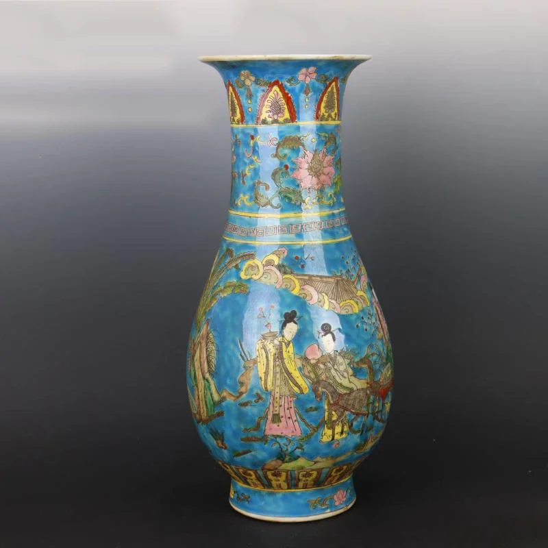 Jarrones de tierra azules Qing Kangxi para flores, patrón de figura, maceta de Jade, botella de primavera, porcelana antigua, adornos de estilo chino para el hogar