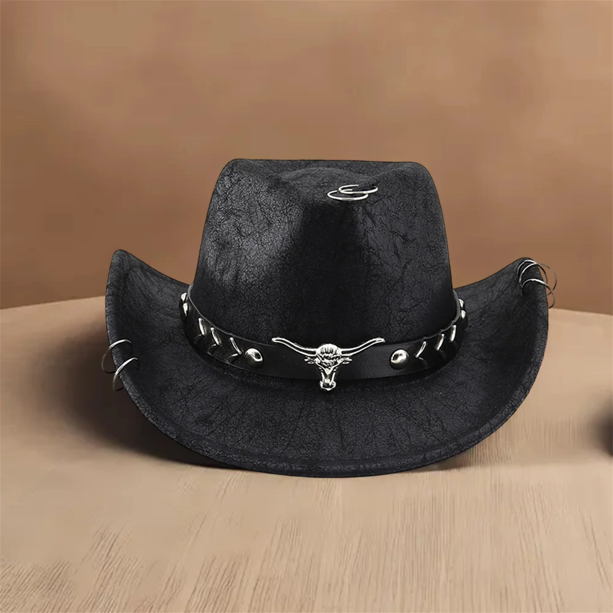 Sombrero de vaquero de estilo vintage con diseño de toro bordado y ala ancha para fiestas temáticas occidentales y uso diario