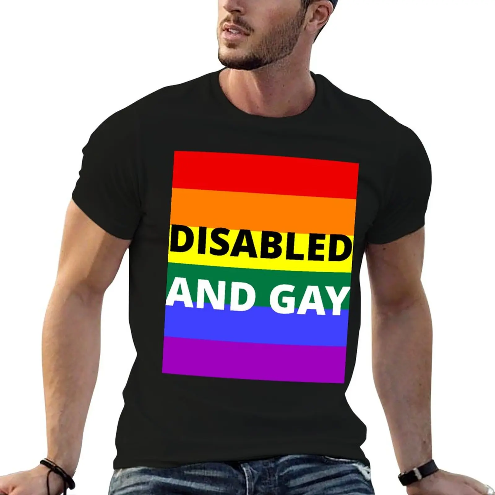 DISABLED AND GAY on rainbow background T-Shirt summer tops essential t shirt blanks Blouse men graphic t shirts