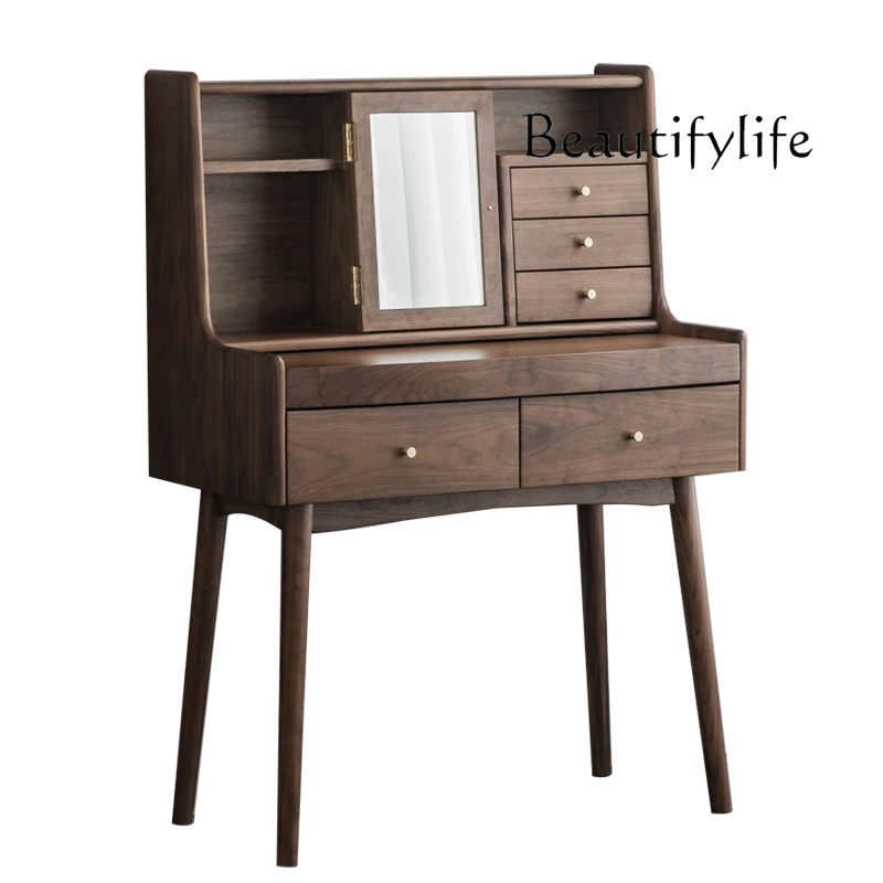 Nordic Solid Wood Flip Mirror Dresser Simple Black Walnut Multifunctional Writing Makeup Table