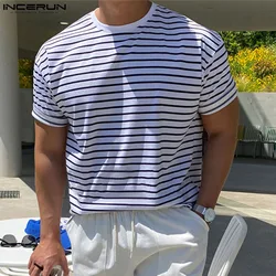 2024 Men Striped T Shirts O-neck Short Sleeve Korean Style Men Clothing Summer Streetwear Fashion Casual Tee Tops S-5XL INCERUN